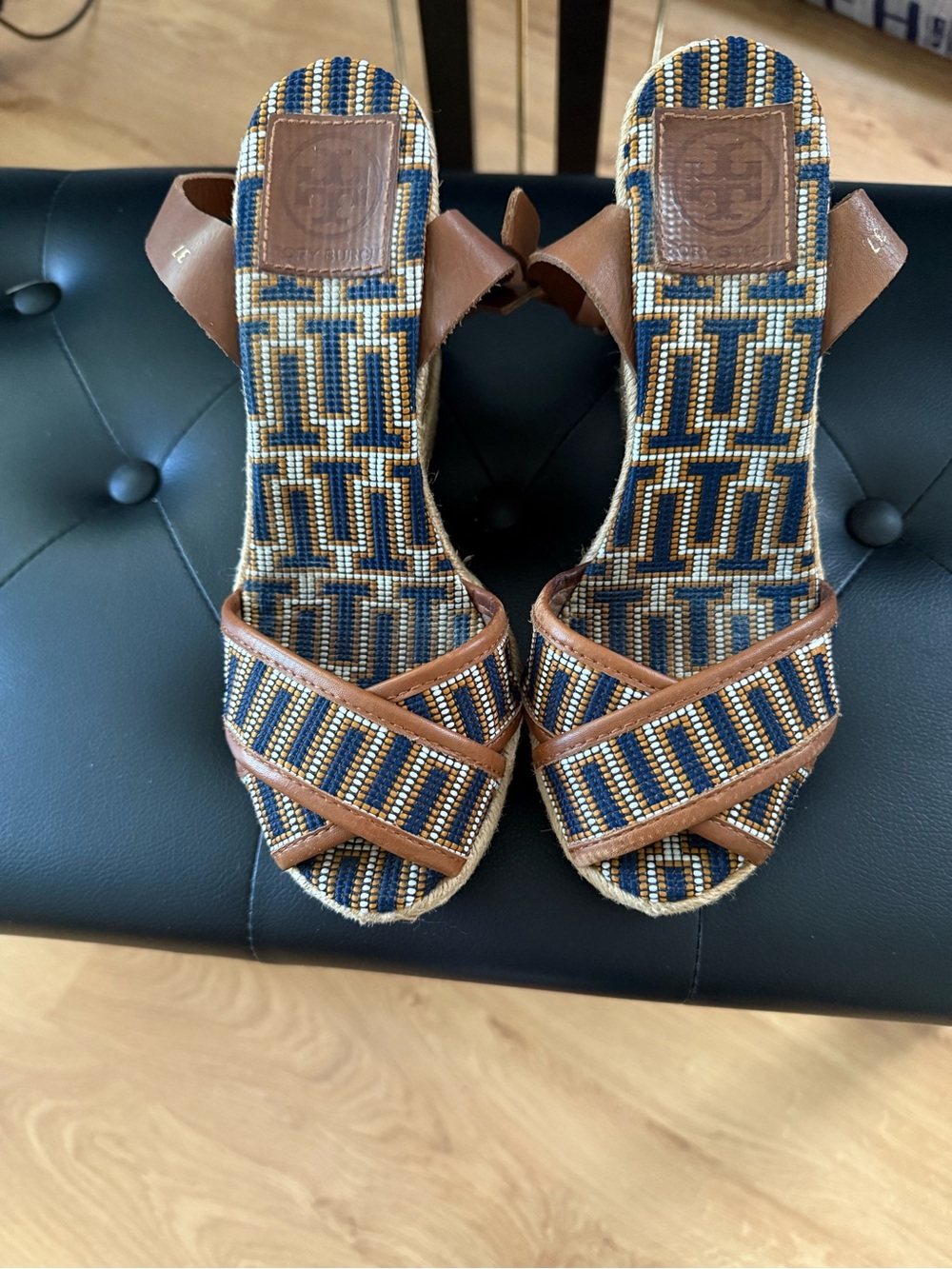 Tory Burch Beaded Navy and Brown Slide Sandals
